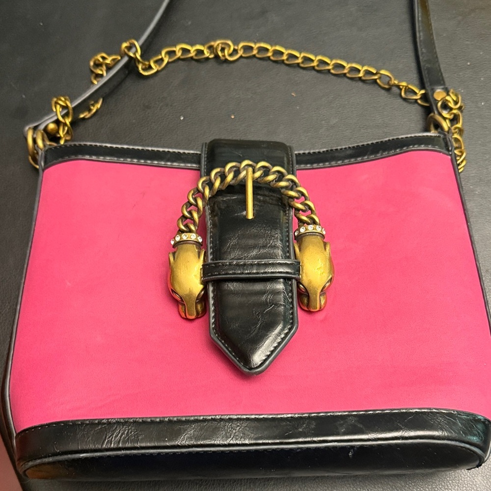 Pink and Black Women's Bag with Gold Accents